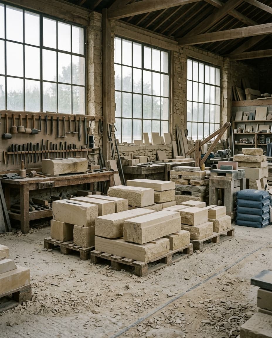 L'atelier de taille de pierre : blocs dressés, outils rangés, lumière du nord