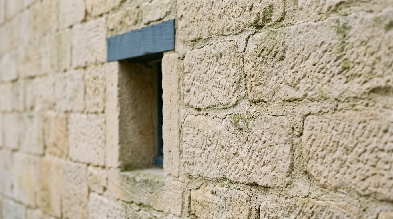 Détail d'une façade en grès patinée, avec joints sains et légère mousse