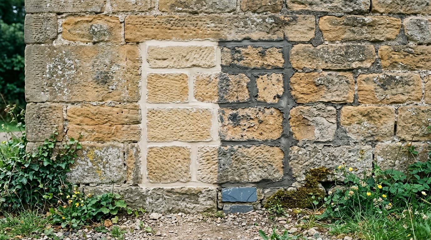 Panneau d'essai : joints ciment durs à gauche, joints de chaux repris à droite