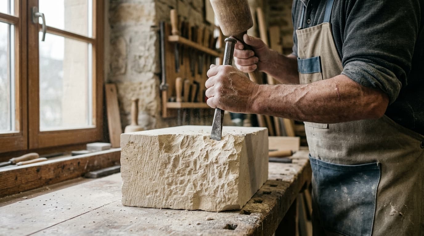 Nico Reuter taille un bloc de pierre au ciseau et à la massette dans son atelier d'Echternach