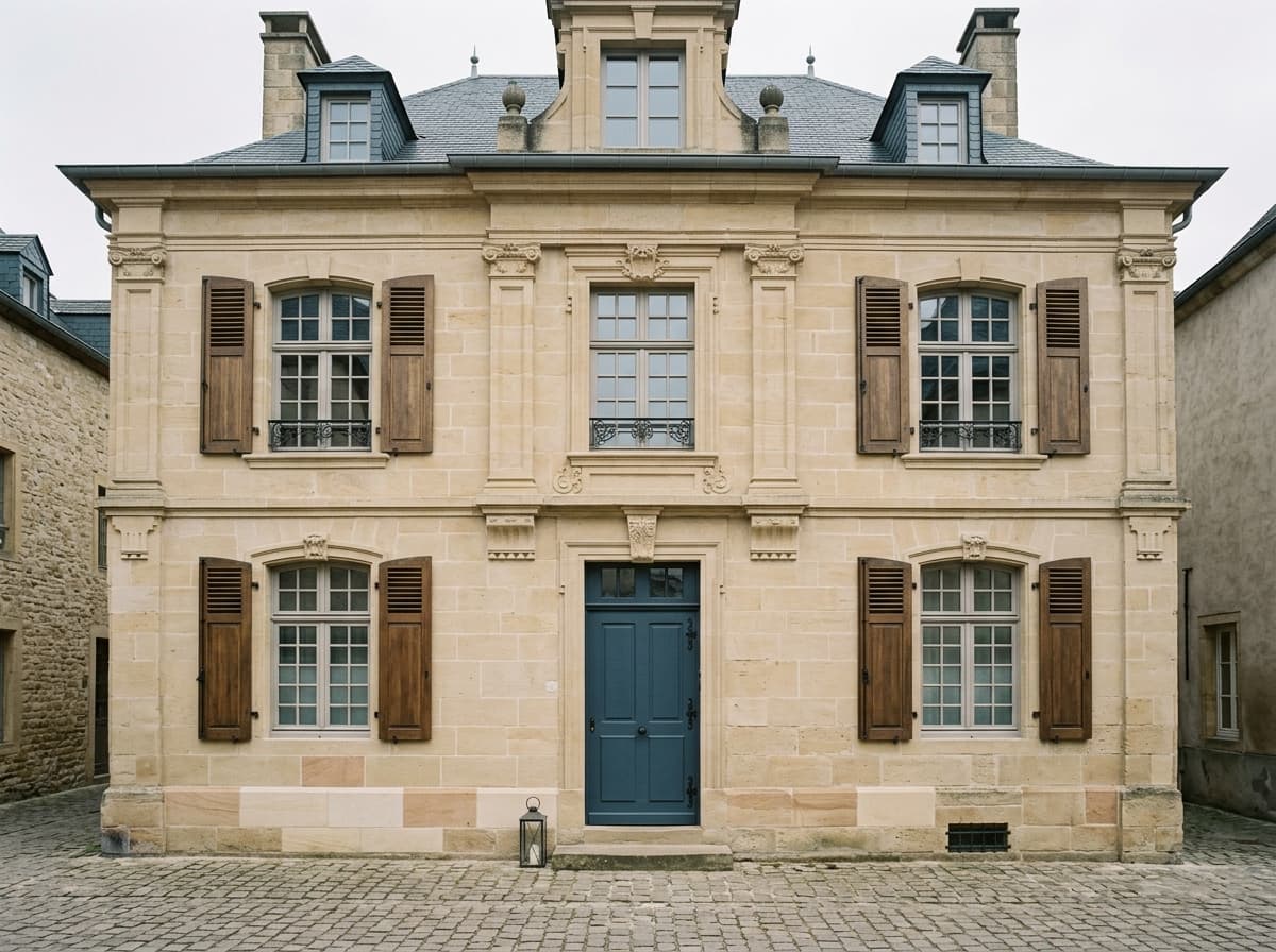 Façade en grès restaurée d'une maison de ville d'Echternach