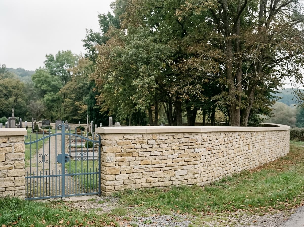 Mur d'enceinte de cimetière en pierre remonté avec chaperon neuf