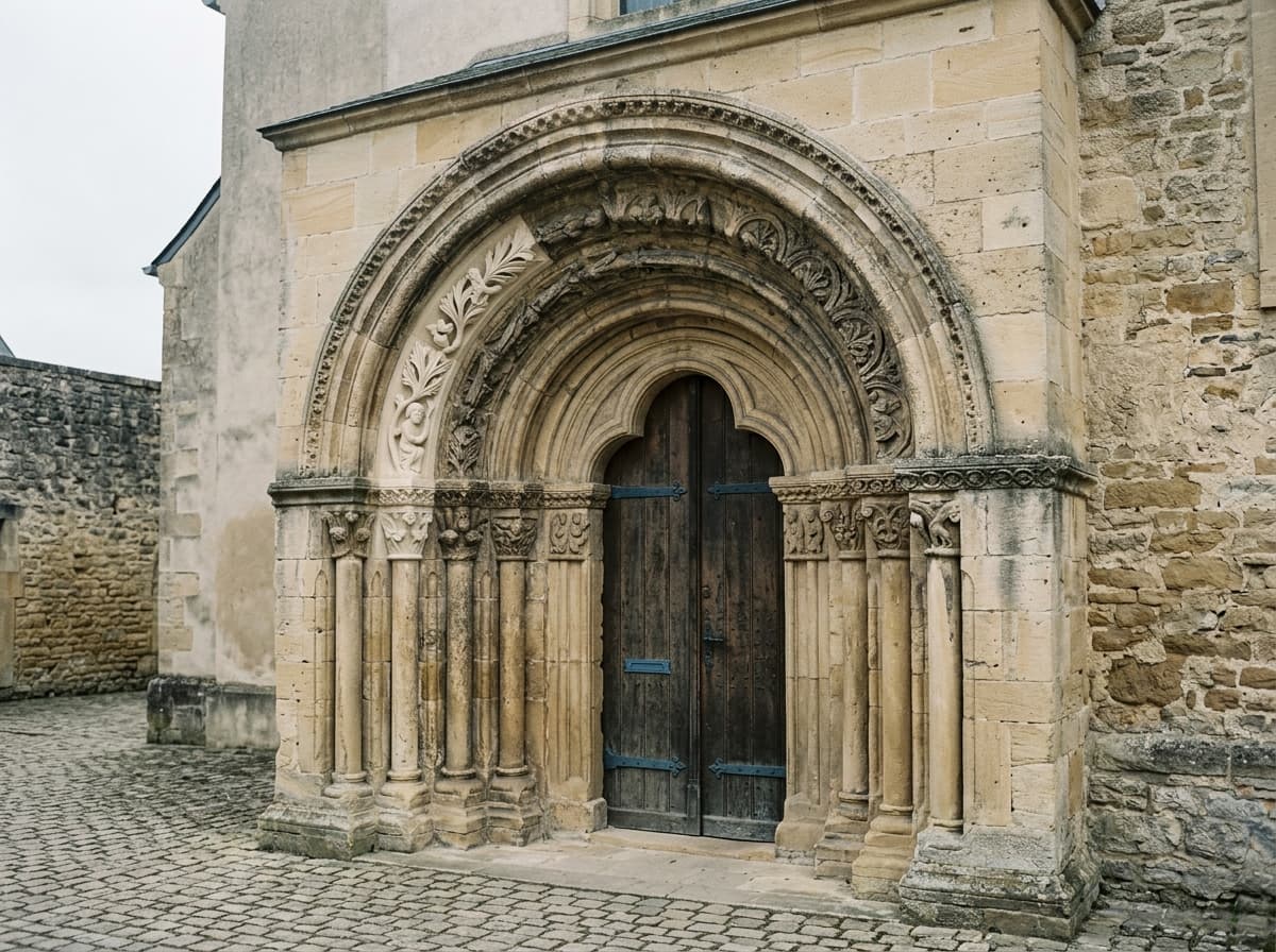 Portail d'église en pierre après restauration des moulures