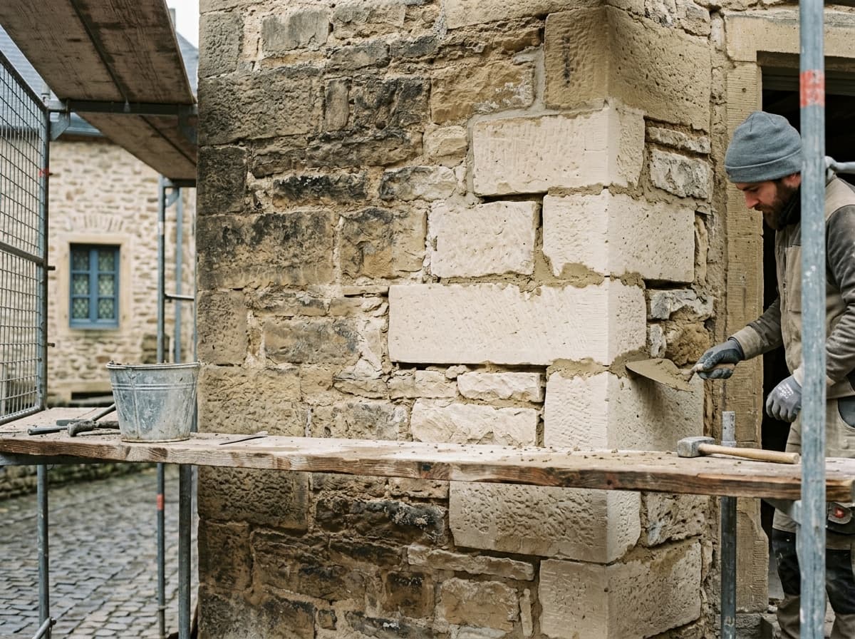 Façade en grès d'une maison d'Echternach en cours de reprise, joints ouverts et pierres neuves greffées