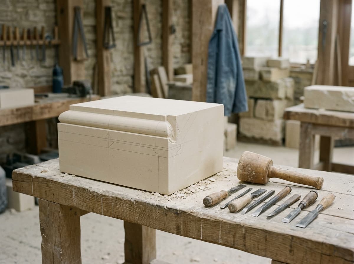 Bloc de pierre de taille en cours de dressage sur l'établi de l'atelier
