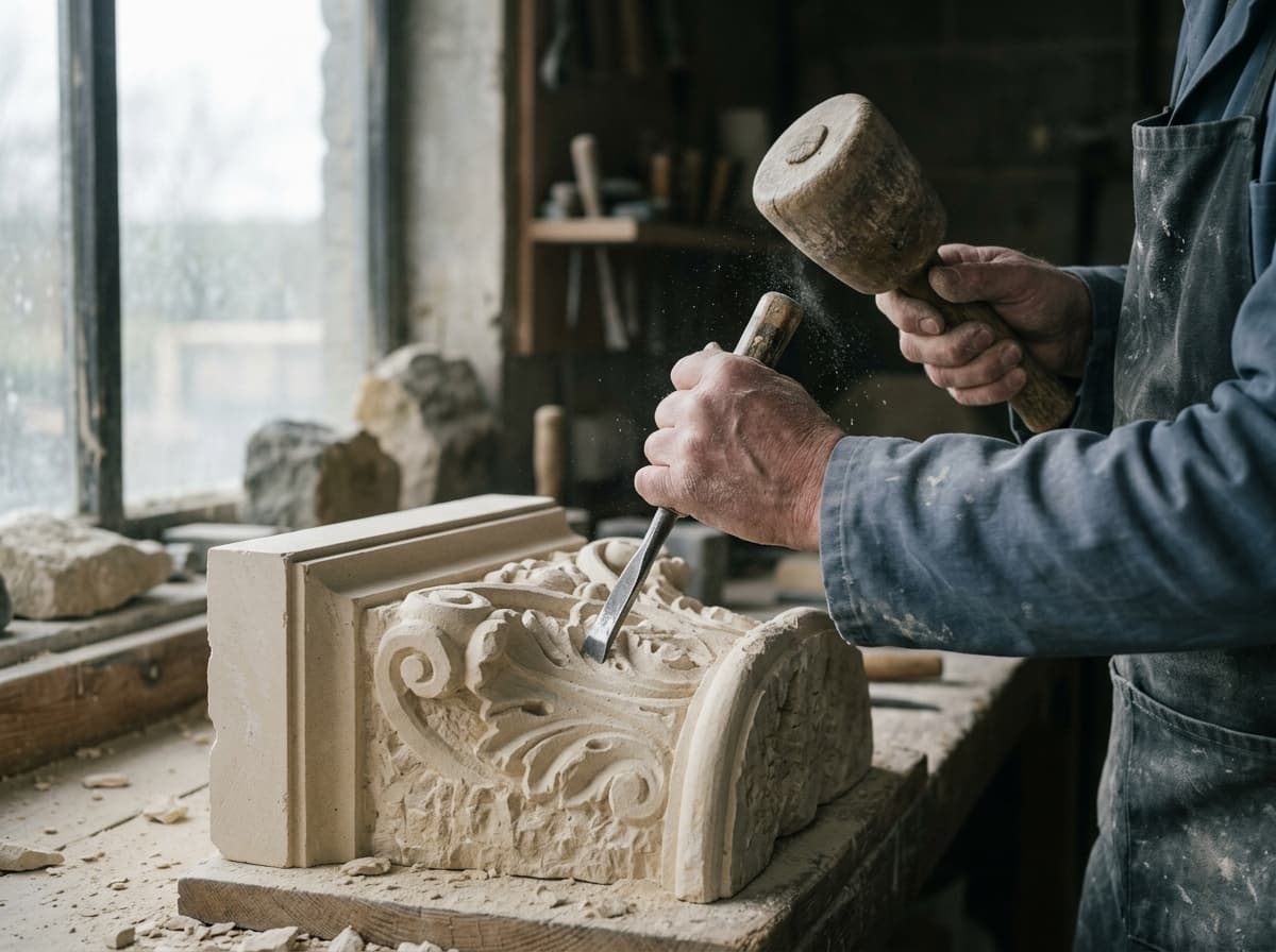 Sculpture d'un ornement en pierre à la gradine dans l'atelier