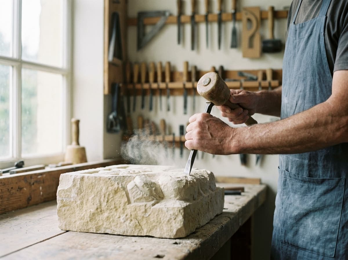 Tailleur de pierre au travail à l'établi, ciseau et massette